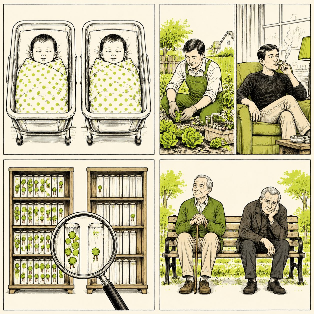 Gemelos recién nacidos idénticos · vidas adultas distintas · dos estanterías comparadas con lupa · ancianos parecidos pero diferentes