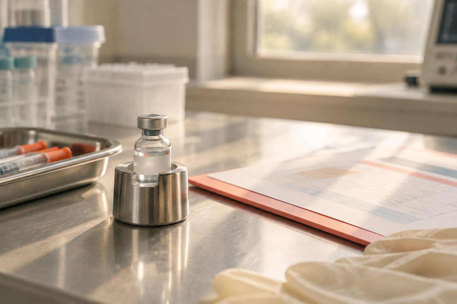 Escenografía ilustrativa de un banco de laboratorio: un vial en un soporte metálico, una carpeta con gráficos, guantes y una bandeja de jeringas. No es una infusión real ni el producto Fayuvi.